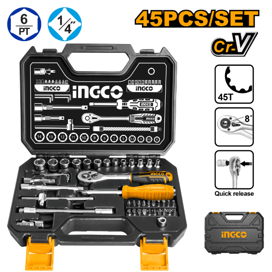 INGCO Socket Set 45pcs 1/4in with Ratchet in Plastic Case HKTS14451