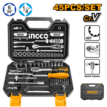 INGCO Socket Set 45pcs 1/4in with Ratchet in Plastic Case HKTS14451