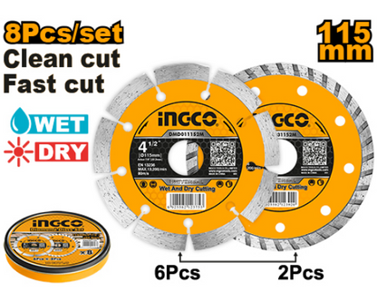 INGCO Diamond Disc Set 8pcs 115x22.2mm Segmented and Turbo DMD301153