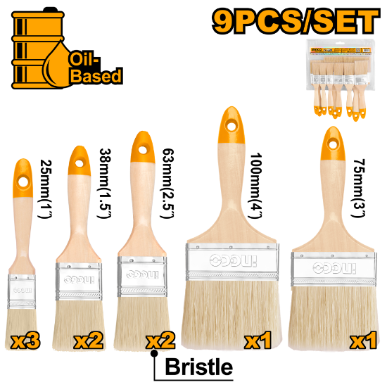 INGCO CHPTB0114091 Paint Brush Set 9Pcs Wooden Handle