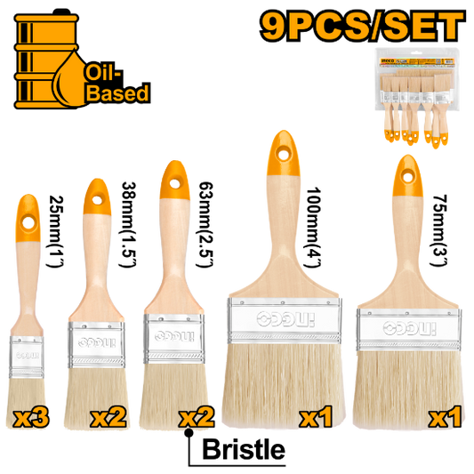 INGCO CHPTB0114091 Paint Brush Set 9Pcs Wooden Handle