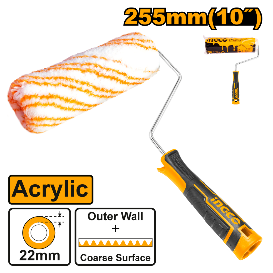 INGCO Exterior Paint Roller with Handle 255mm 10in Acrylic 22mm Pile HRHT092551