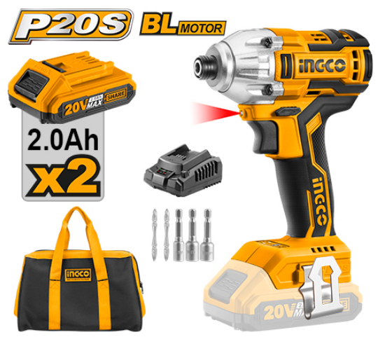 INGCO Cordless Impact Driver 20V Brushless 2Batt 2Ah+Char with Bag CIRLI2002