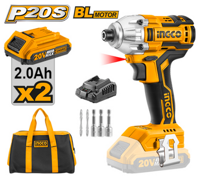 INGCO Cordless Impact Driver 20V Brushless 2Batt 2Ah+Char with Bag CIRLI2002