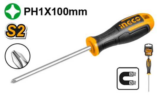 INGCO Phillips Screwdriver PH1 5.0x100mm S2 Rubber Handle HS68PH1100