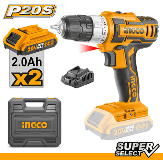 INGCO Cordless Drill 20V 2-Speed 10mm 1Batt 2Ah+Char CDLI200215