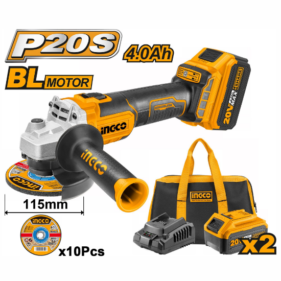 INGCO Cordless Angle Grinder 20V Brushless 2Batt 4Ah+Char with 10 Discs and Bag CAGLI2011582