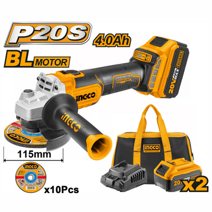 INGCO Cordless Angle Grinder 20V Brushless 2Batt 4Ah+Char with 10 Discs and Bag CAGLI2011582