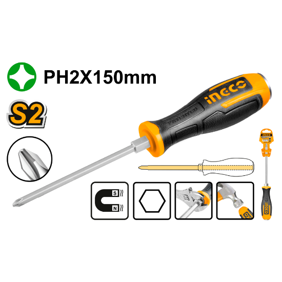 INGCO Go-Through Phillips Screwdriver PH2x150mm Rubber Grip HGTS68PH2150