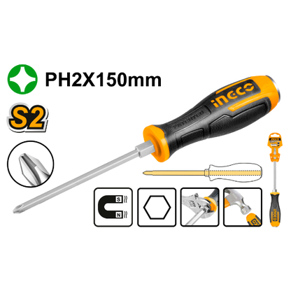 INGCO Go-Through Phillips Screwdriver PH2x150mm Rubber Grip HGTS68PH2150