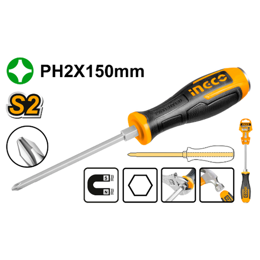 INGCO Go-Through Phillips Screwdriver PH2x150mm Rubber Grip HGTS68PH2150
