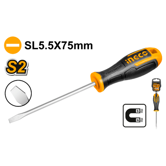 INGCO Slotted Screwdriver SL5.5 5.0x75mm S2 Rubber Handle HS685075