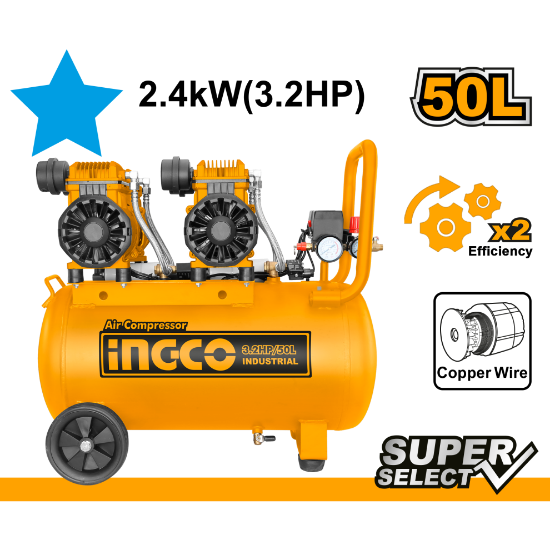 INGCO Silent Air Compressor Oil Free 2x1200W 3.2HP 50L ACS224501