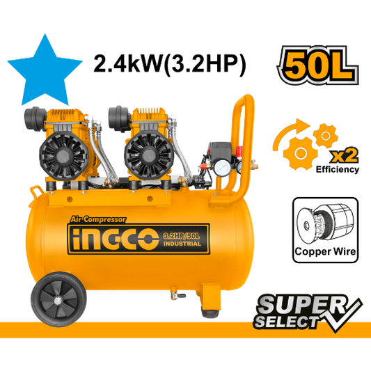 INGCO Silent Air Compressor Oil Free 2x1200W 3.2HP 50L ACS224501