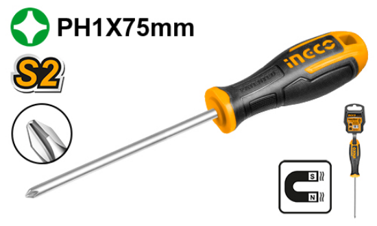 INGCO Phillips Screwdriver PH1 5.0x75mm S2 Rubber Handle HS68PH1075