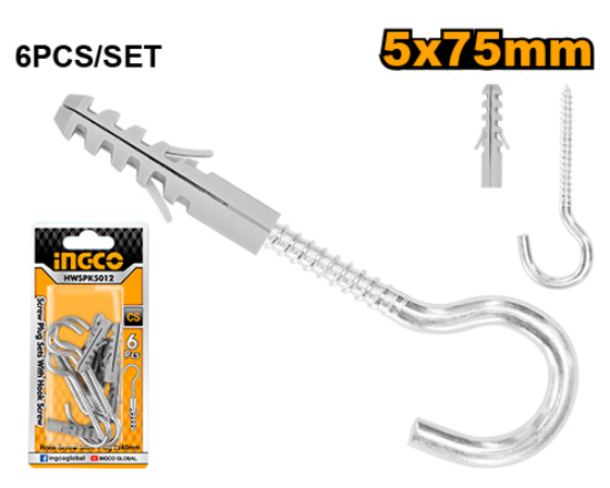 INGCO HWSPK5012 Open Hook Screws with Wall Plugs 5mm