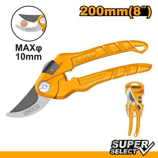 INGCO Pruning Shears 200mm 8in Cut 10mm Metal Handle HPS0201