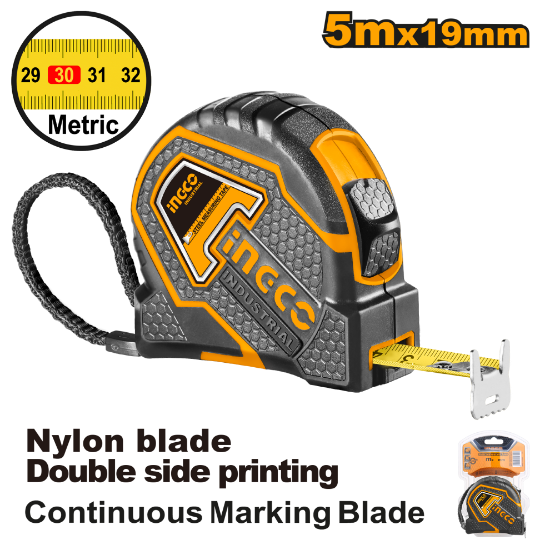 INGCO Rubber Coated Tape Measure 5m x 19mm Double-Sided Scale HSMT88052.1