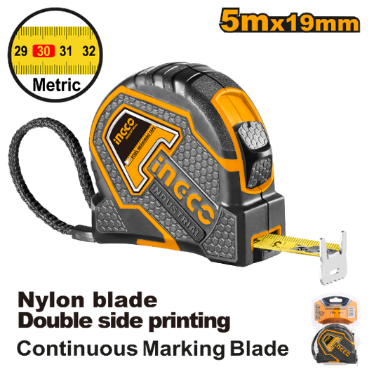 INGCO Rubber Coated Tape Measure 5m x 19mm Double-Sided Scale HSMT88052.1