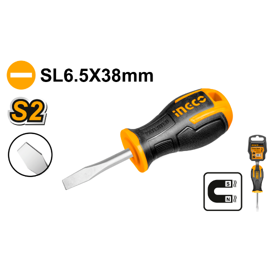 INGCO Slotted Screwdriver SL6.5 6.0x38mm S2 Rubber Handle HS686038