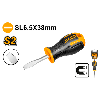 INGCO Slotted Screwdriver SL6.5 6.0x38mm S2 Rubber Handle HS686038
