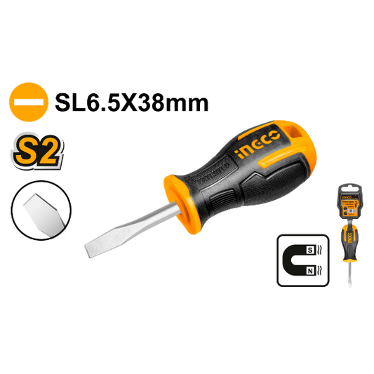 INGCO Slotted Screwdriver SL6.5 6.0x38mm S2 Rubber Handle HS686038