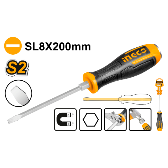 INGCO HGTS688200 | مفك ضرب شق مستقيم SL8x200مم مقبض كوتشوك