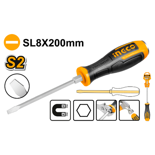 INGCO HGTS688200 | مفك ضرب شق مستقيم SL8x200مم مقبض كوتشوك