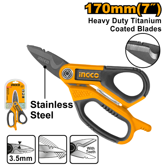 INGCO Electrician Scissors 7in 170mm Titanium Plated Stainless Steel HES051708