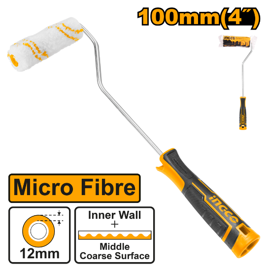 INGCO Interior Paint Roller with Handle 100mm 4in Microfibre 12mm Pile HRHT061001D