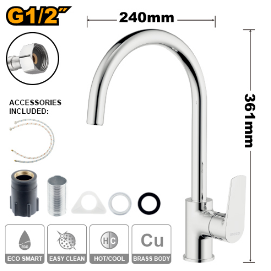 INGCO HSLBM23401 Chrome Kitchen Sink Mixer