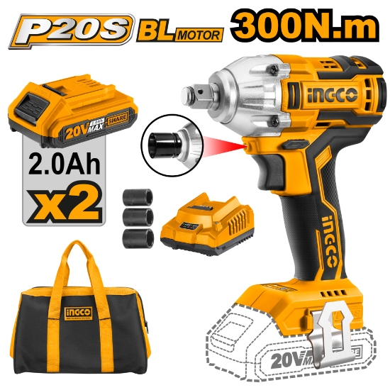INGCO Cordless Impact Wrench 20V Brushless 300Nm 1/2in 2Batt 2Ah+Char with Bag CIWLI2001