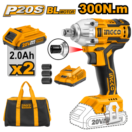 INGCO Cordless Impact Wrench 20V Brushless 300Nm 1/2in 2Batt 2Ah+Char with Bag CIWLI2001