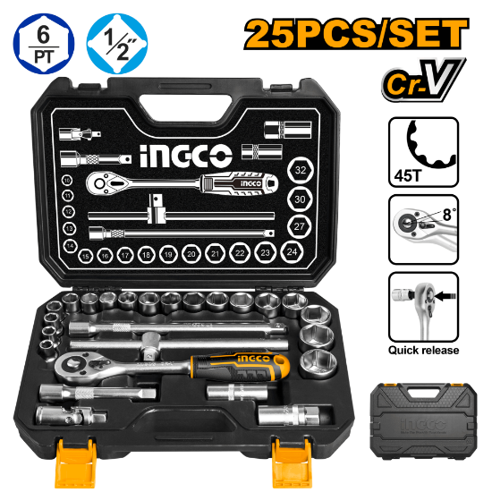 INGCO Socket Set 25pcs 1/2in with Ratchet in Plastic Case HKTS12251