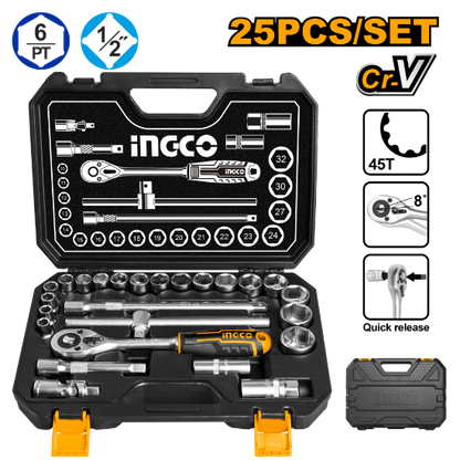 INGCO Socket Set 25pcs 1/2in with Ratchet in Plastic Case HKTS12251