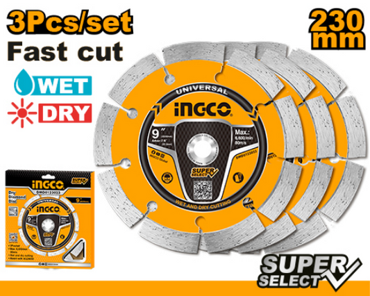 INGCO DMD0123023 Segmented Diamond Blade Set 230mm 3 Pcs Wet/Dry