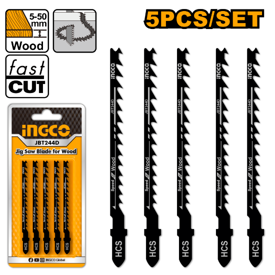 INGCO Jigsaw Blade Set Wood Fast Cut 5pcs 74mm 6TPI JBT244D