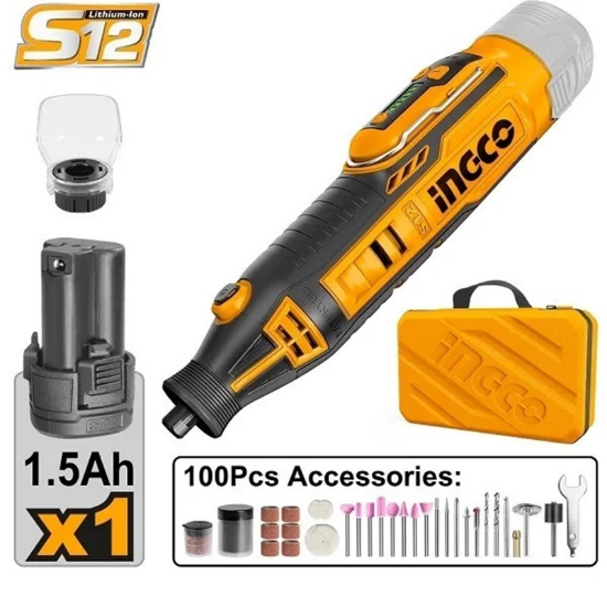 INGCO CMGLI12011 | مقدح نقش وجلخ بطارية 12 فولت مع اكسسوارات