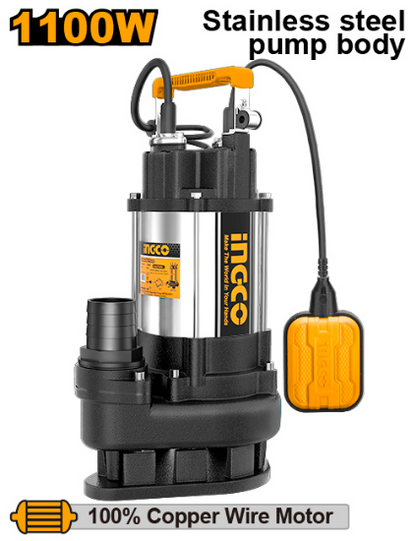 INGCO Submersible Dirty Water Pump 1100W 1.5HP 2in Stainless Cover SPDS11008