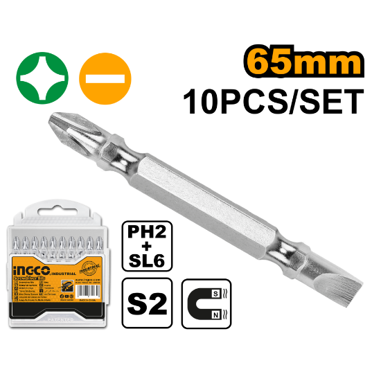 INGCO Double-End Screwdriver Bits PH2+SL6 65mm 10pcs SDB21HL133