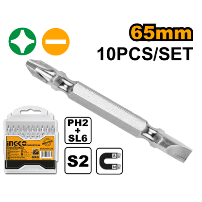 INGCO Double-End Screwdriver Bits PH2+SL6 65mm 10pcs SDB21HL133