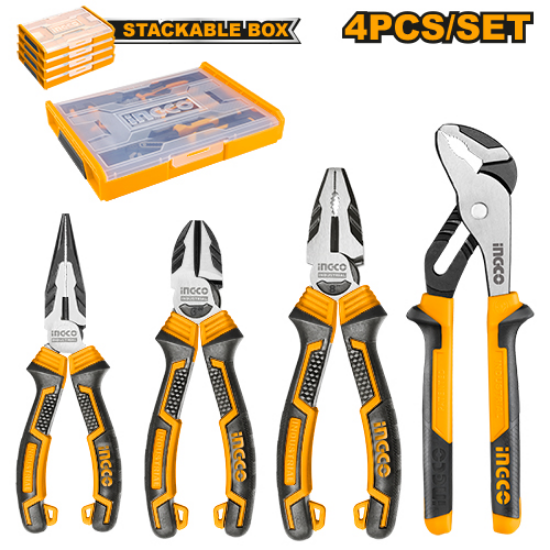 INGCO HKTV01P042 4 Piece Pliers Set in Stackable Plastic Box