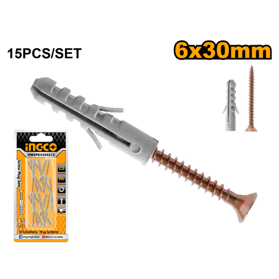 INGCO HWSPK4504512 Countersunk Screws with Wall Plugs ST4.0x40mm 15 Sets Box of 20