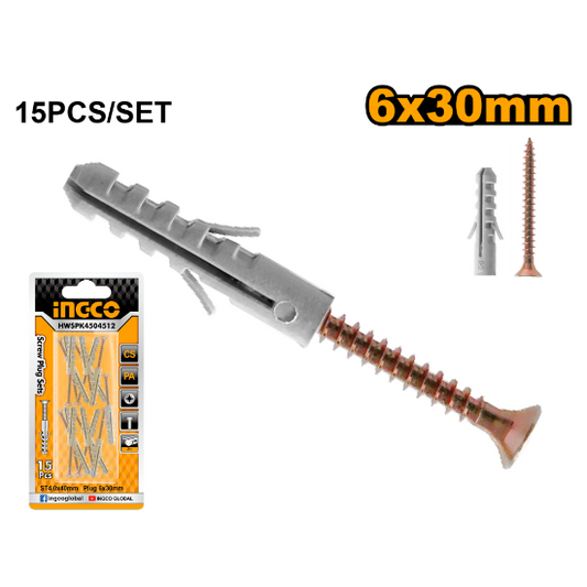 INGCO HWSPK4504512 Countersunk Screws with Wall Plugs ST4.0x40mm 15 Sets Box of 20