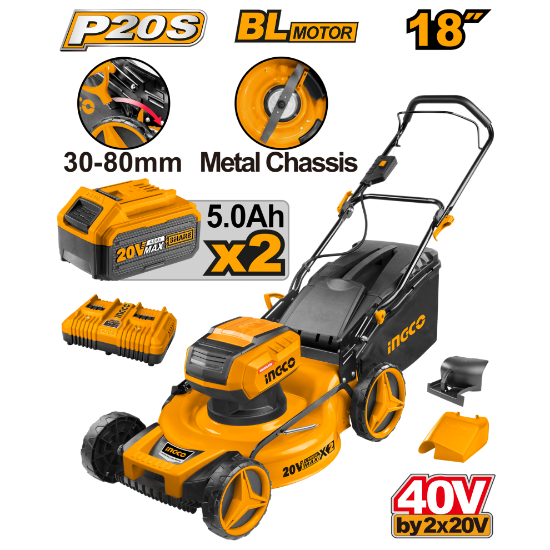 INGCO LMLI20182 40V Cordless Brushless Lawn Mower 18in 60L with 2 Batteries & Charger
