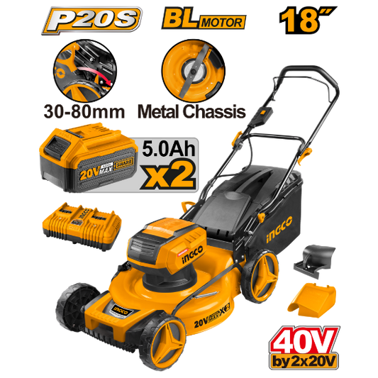 INGCO LMLI20182 40V Cordless Brushless Lawn Mower 18in 60L with 2 Batteries & Charger
