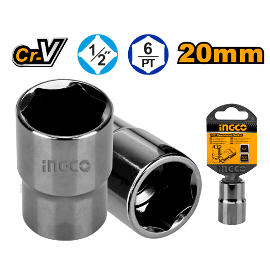 INGCO HHAST12201 Socket 1/2in Drive 6 Point 20mm Box of 8