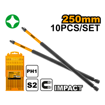 INGCO SDBIM11PH1103 Impact Screwdriver Bits PH1 250mm S2 Set of 10