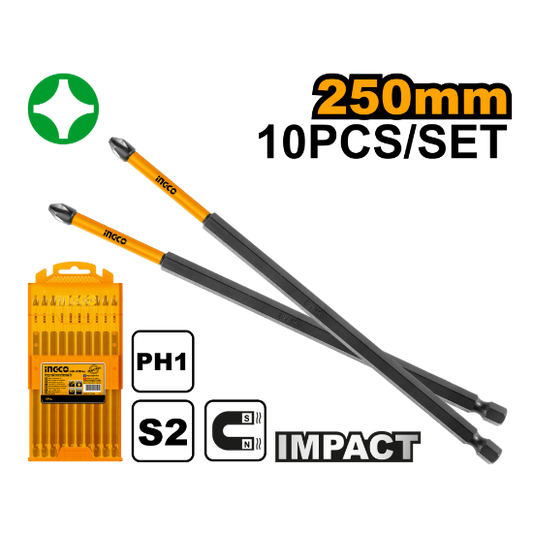 INGCO SDBIM11PH1103 Impact Screwdriver Bits PH1 250mm S2 Set of 10