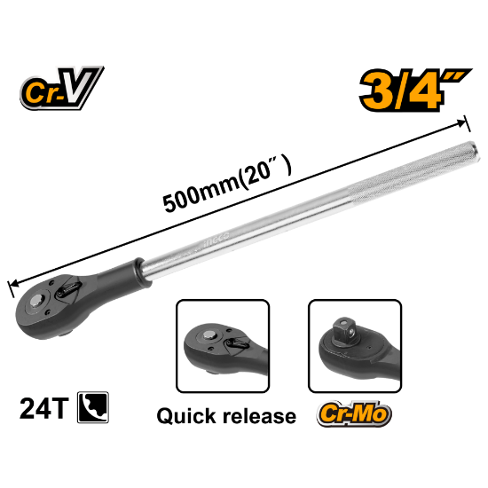 INGCO Ratchet Handle 3/4in 24T Long Heavy Duty HRTH0834